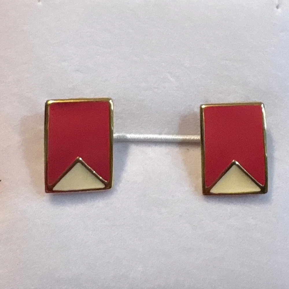 1990s Geometric Pink Cream Enamel Gold Tone Rectangle Stud Earrings Retro Style